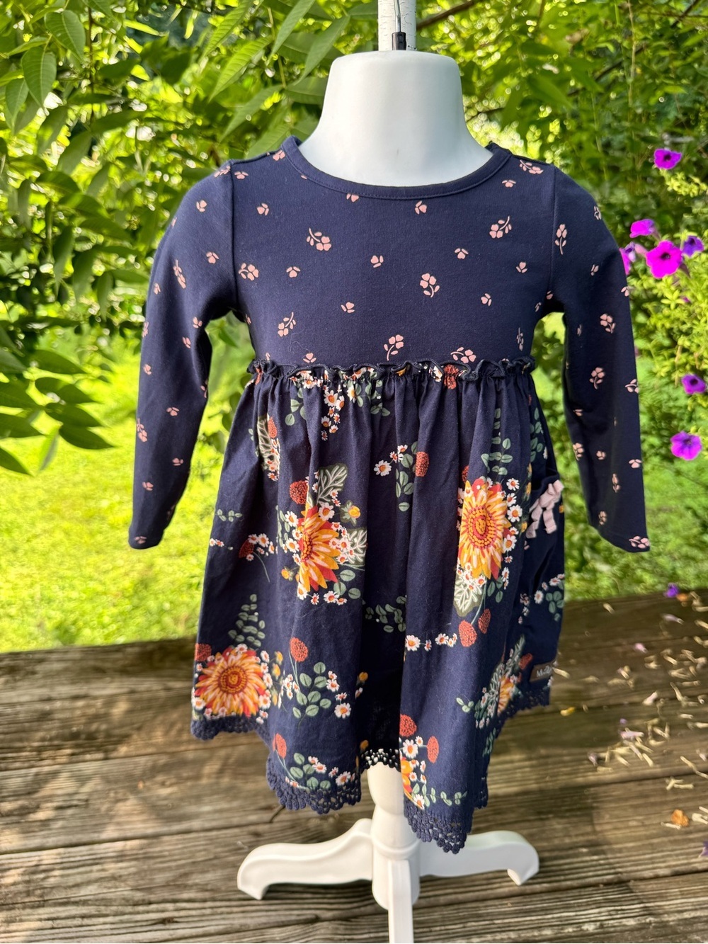 Matilda Jane Navy Floral Dress Girls 12-18M Long Sleeve Scallop Hem Dress